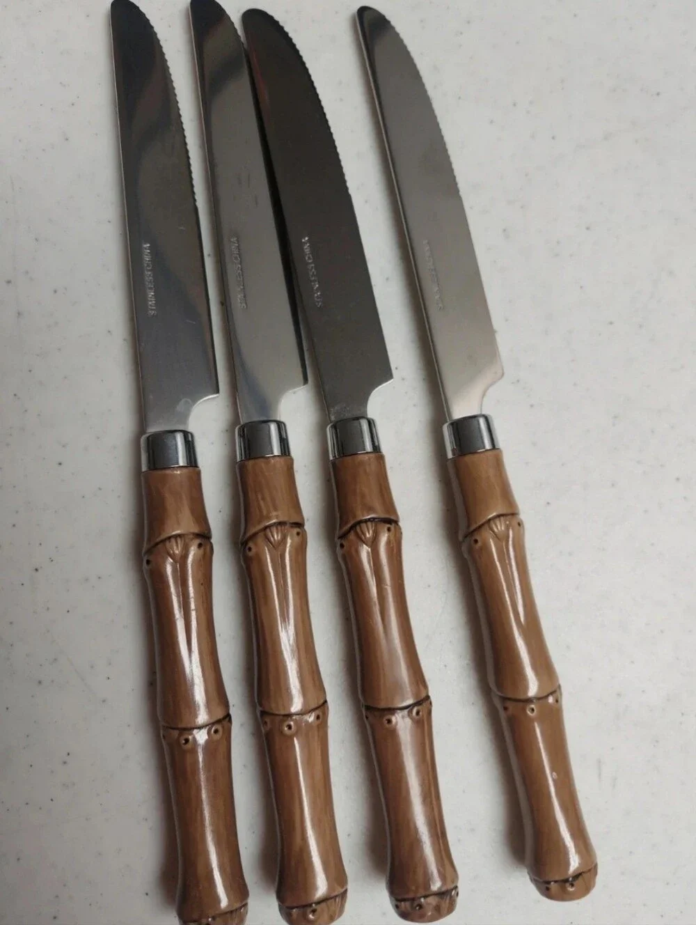 Bamboo-Style Handle Dinner Forks (4) Spoons (2) And Knives (4) Stainless Steel